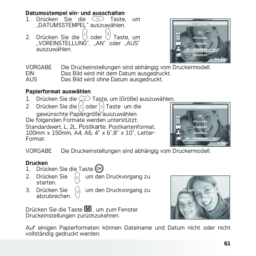 AGFA DC-633xs manual Datumsstempel ein- und ausschalten, Papierformat auswählen, Drucken 