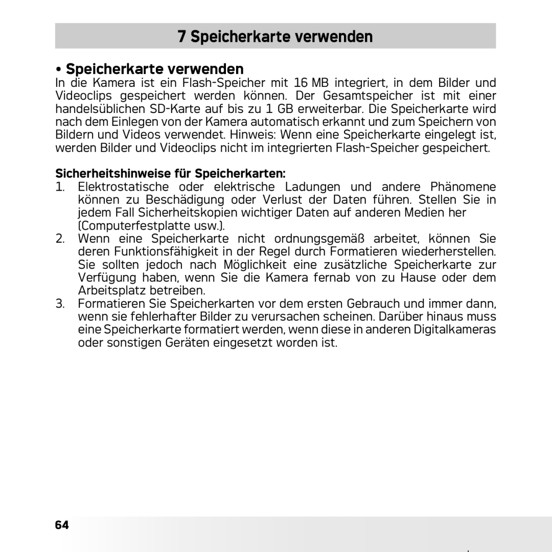 AGFA DC-633xs manual Speicherkarte verwenden, Sicherheitshinweise für Speicherkarten 