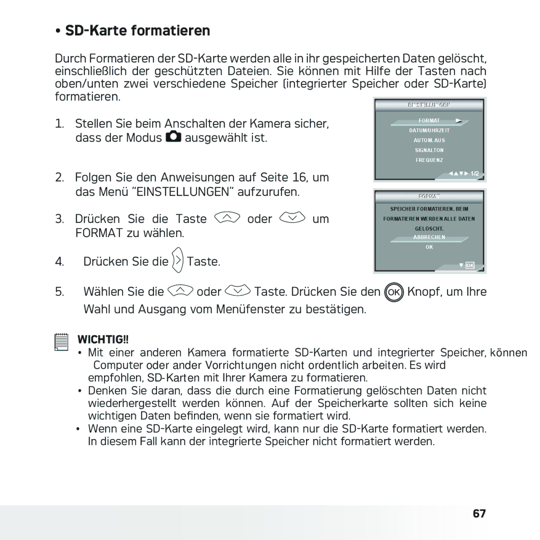 AGFA DC-633xs manual SD-Karte formatieren, Drücken Sie die Taste Oder, Format zu wählen 