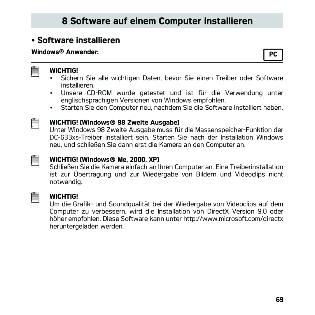 AGFA DC-633xs manual Software auf einem Computer installieren, Software installieren 