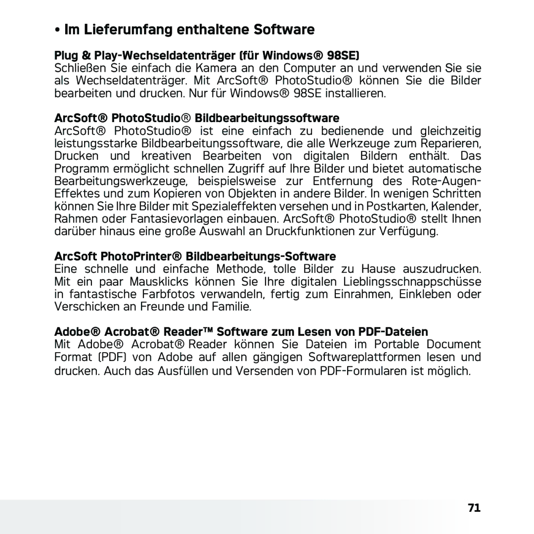 AGFA DC-633xs manual Im Lieferumfang enthaltene Software, Plug & Play-Wechseldatenträger für Windows 98SE 