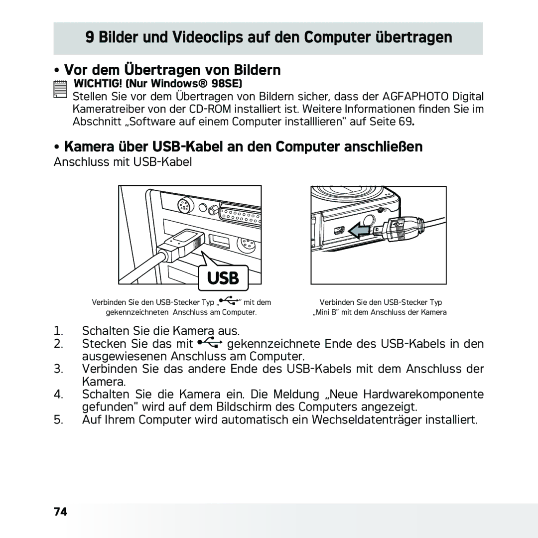 AGFA DC-633xs manual Bilder und Videoclips auf den Computer übertragen, Vor dem Übertragen von Bildern 