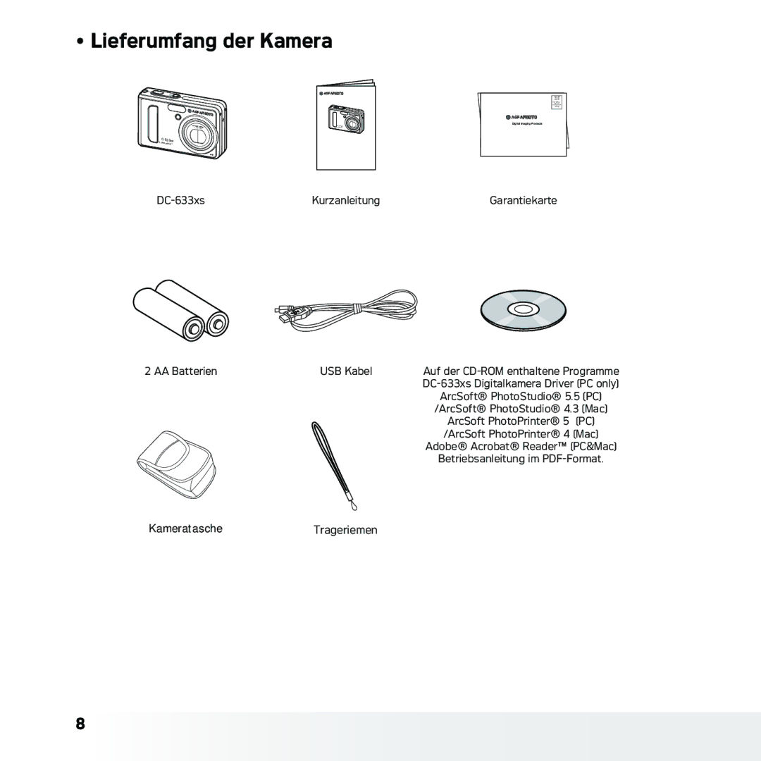 AGFA DC-633xs manual Lieferumfang der Kamera 