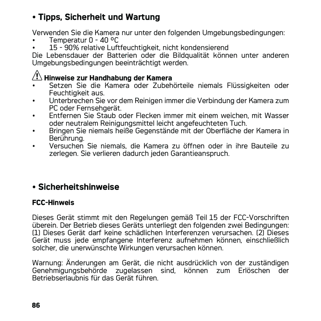 AGFA DC-633xs manual Tipps, Sicherheit und Wartung, Sicherheitshinweise, Hinweise zur Handhabung der Kamera, FCC-Hinweis 