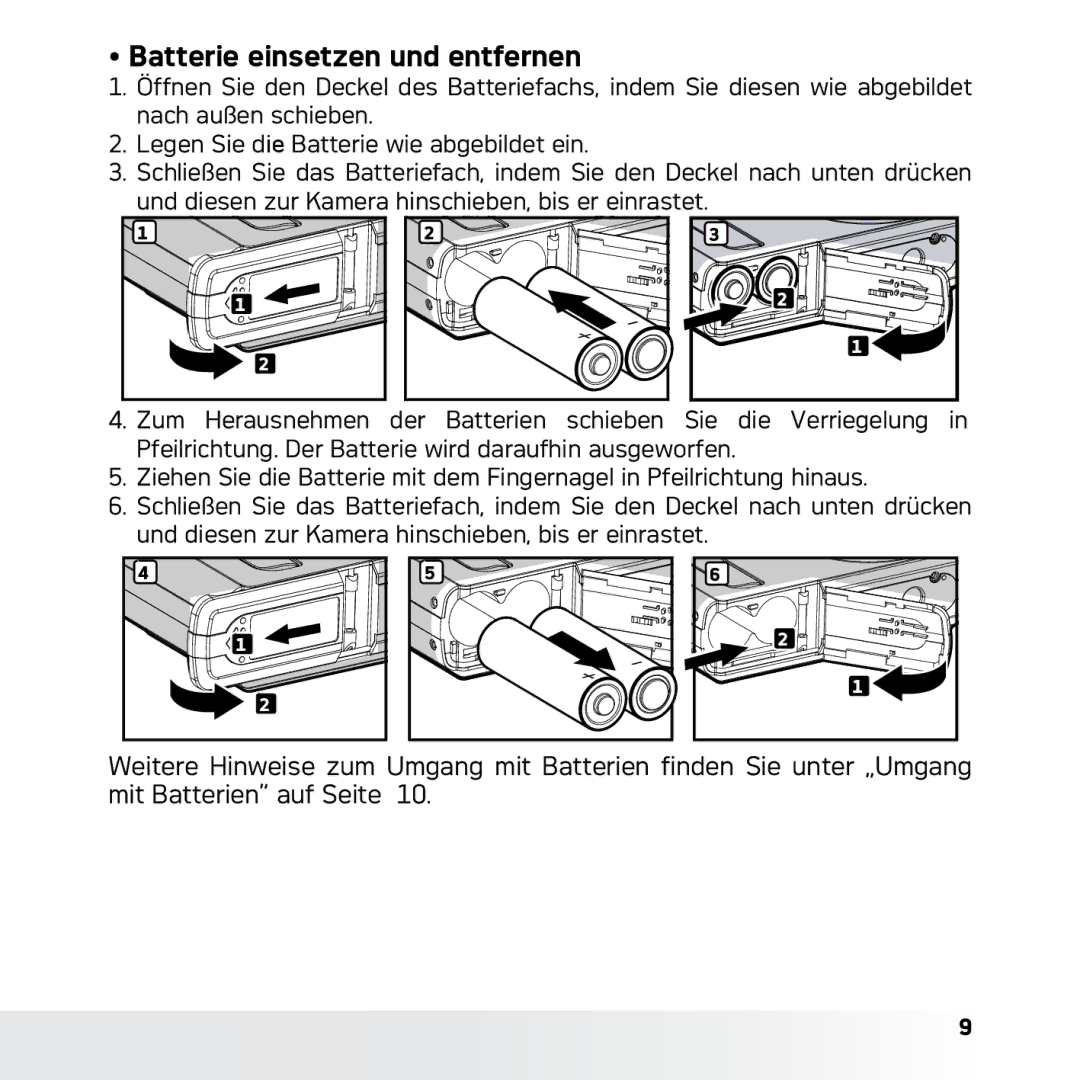 AGFA DC-633xs manual Batterie einsetzen und entfernen, Pfeilrichtung. Der Batterie wird daraufhin ausgeworfen 