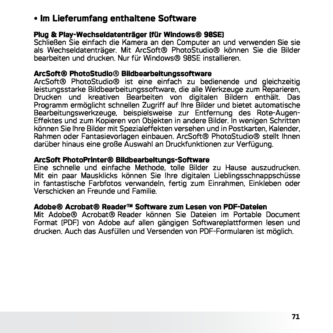 AGFA DC-633xs manual Im Lieferumfang enthaltene Software, Plug & Play-Wechseldatenträger für Windows 98SE 