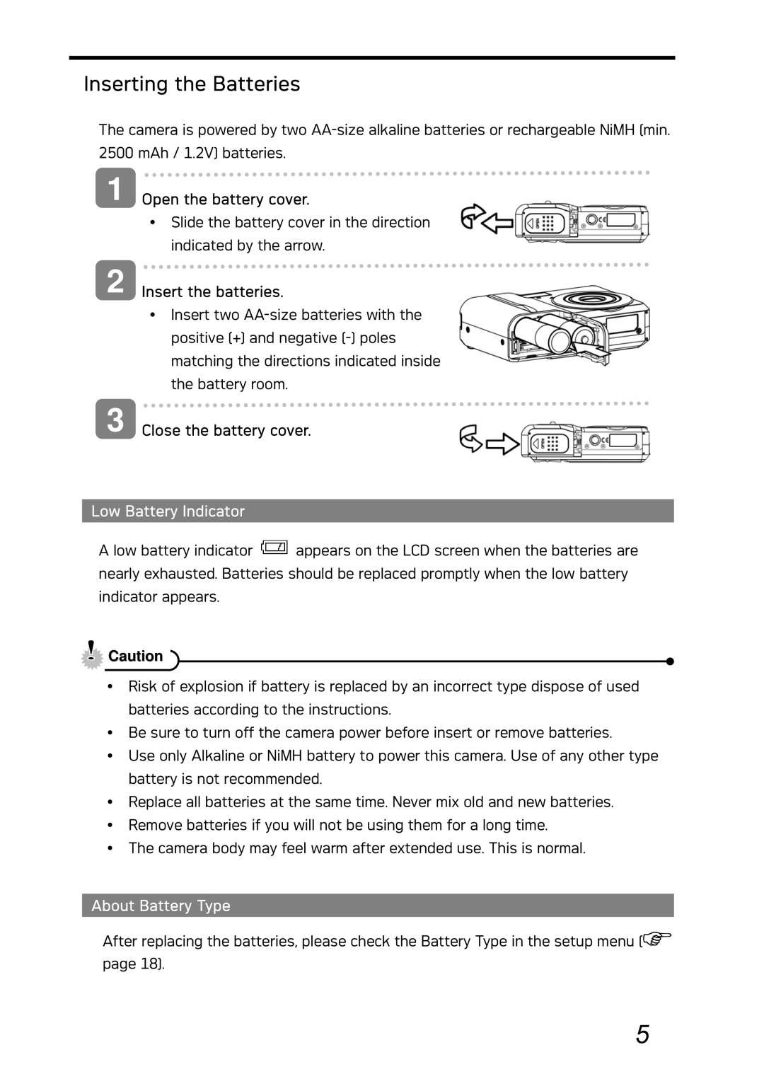 AGFA DC-730i manual Inserting the Batteries, Low Battery Indicator, About Battery Type 