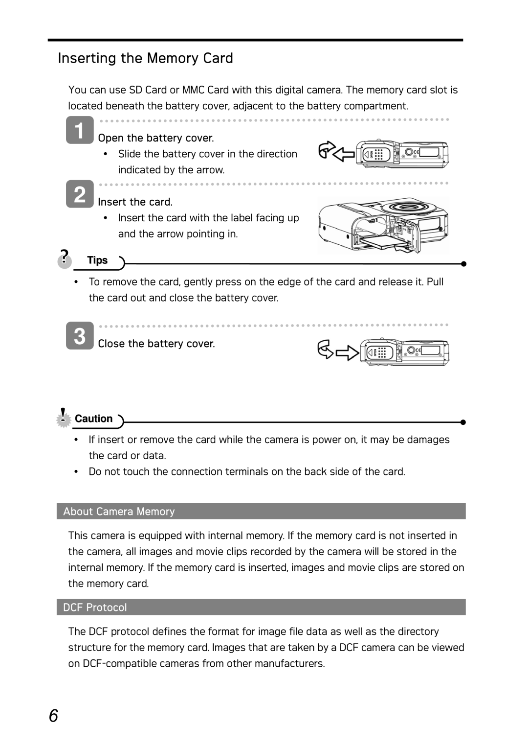 AGFA DC-730i manual Inserting the Memory Card, Insert the card, Tips, About Camera Memory, DCF Protocol 