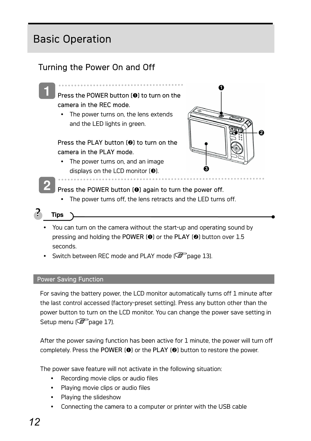 AGFA DC-730i manual Basic Operation, Turning the Power On and Off, Power Saving Function 