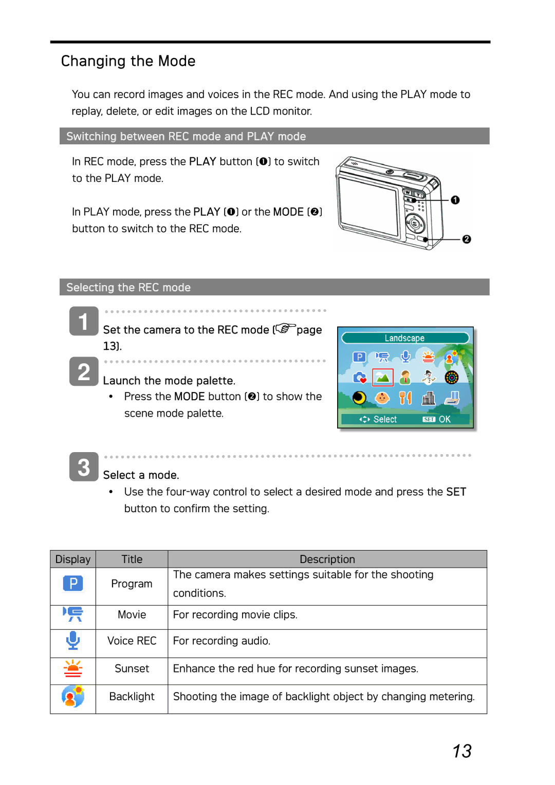 AGFA DC-730i manual Changing the Mode, Switching between REC mode and Play mode, Selecting the REC mode, Select a mode 