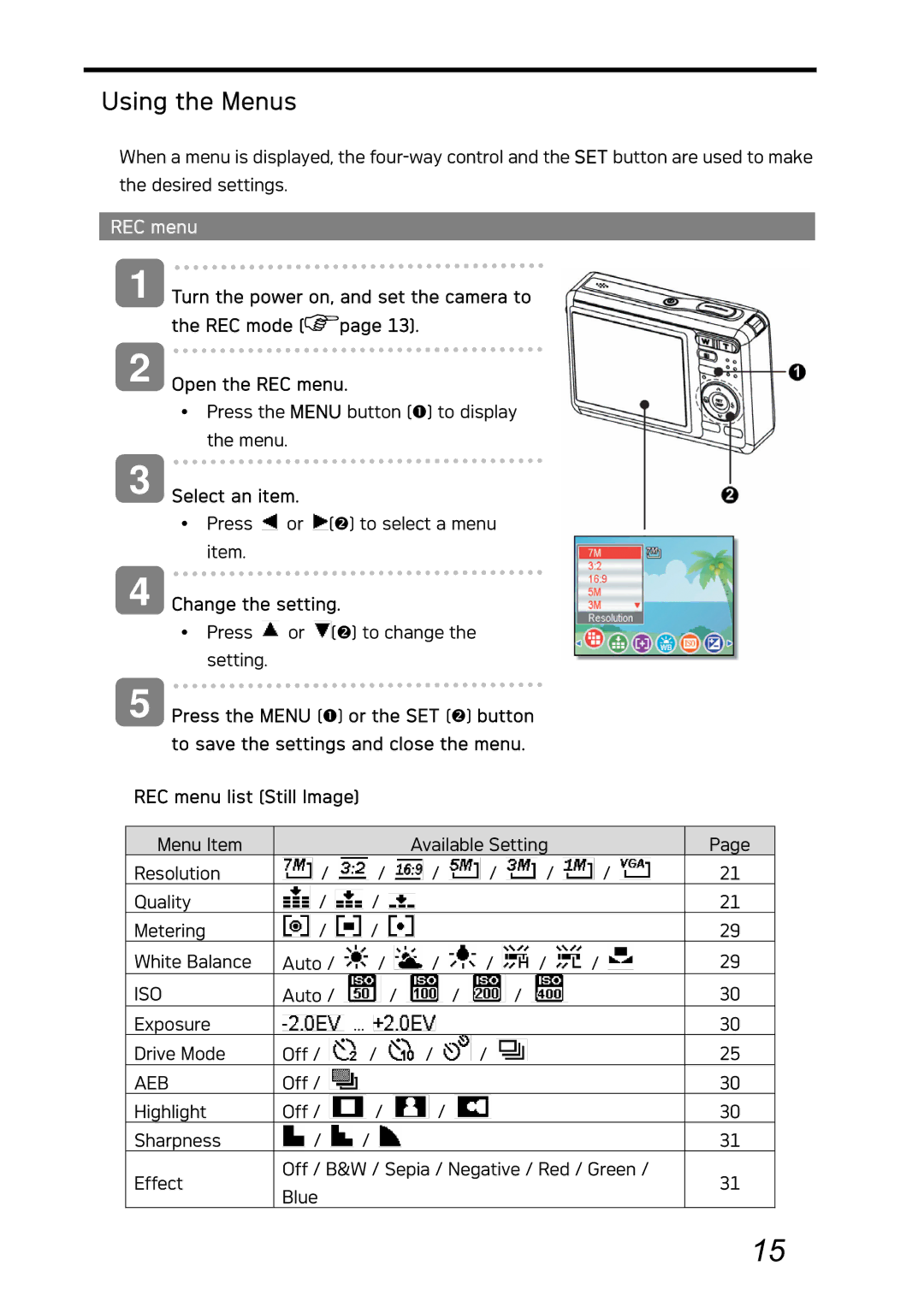 AGFA DC-730i manual Using the Menus, REC menu, Select an item, Change the setting 