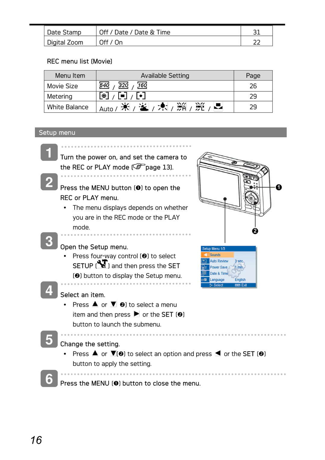 AGFA DC-730i manual REC menu list Movie, Open the Setup menu, Press the Menu n button to close the menu 