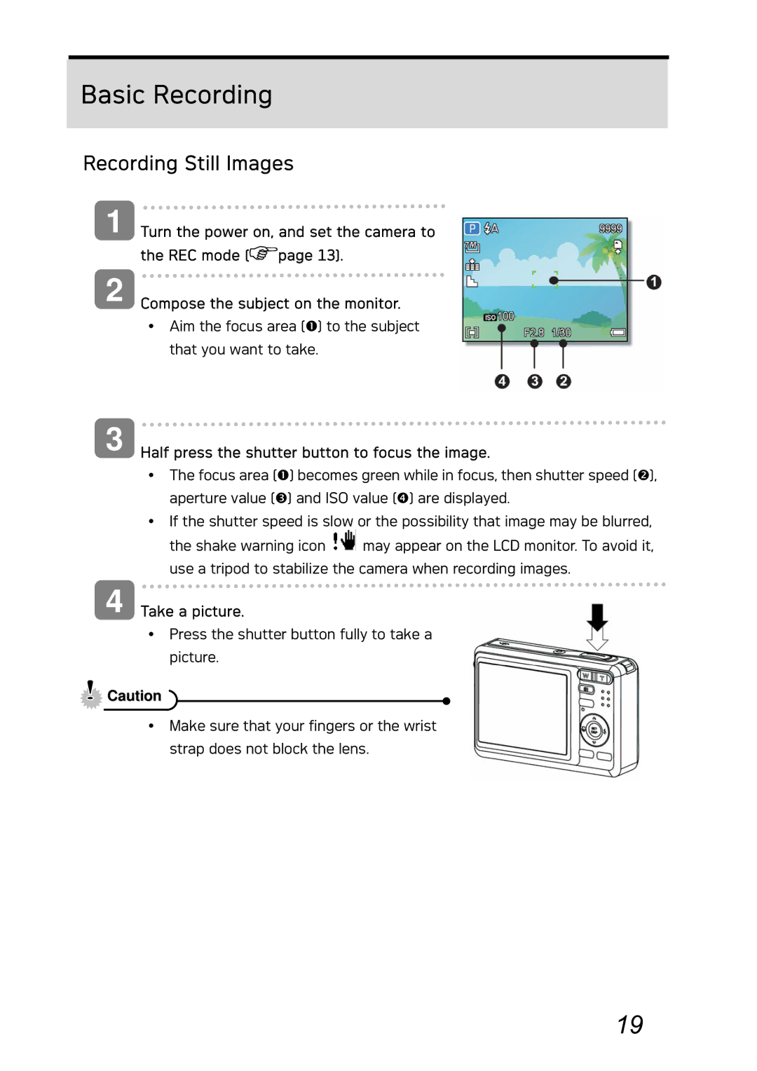 AGFA DC-730i Basic Recording, Recording Still Images, Half press the shutter button to focus the image, Take a picture 