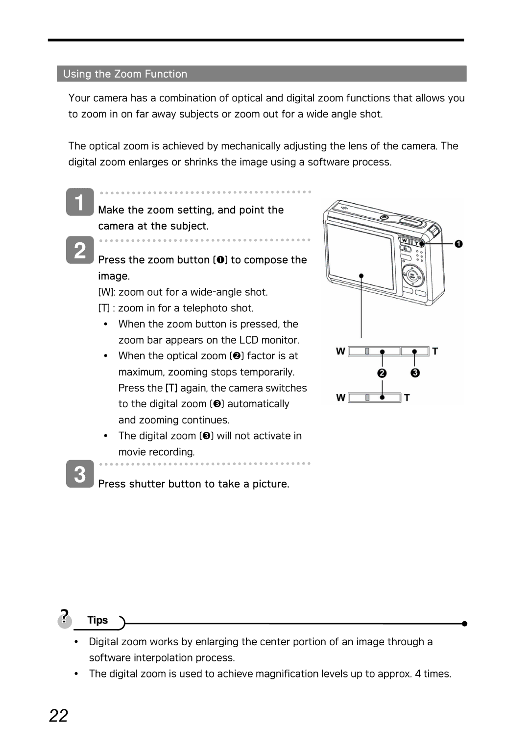 AGFA DC-730i manual Using the Zoom Function, Press shutter button to take a picture Tips 