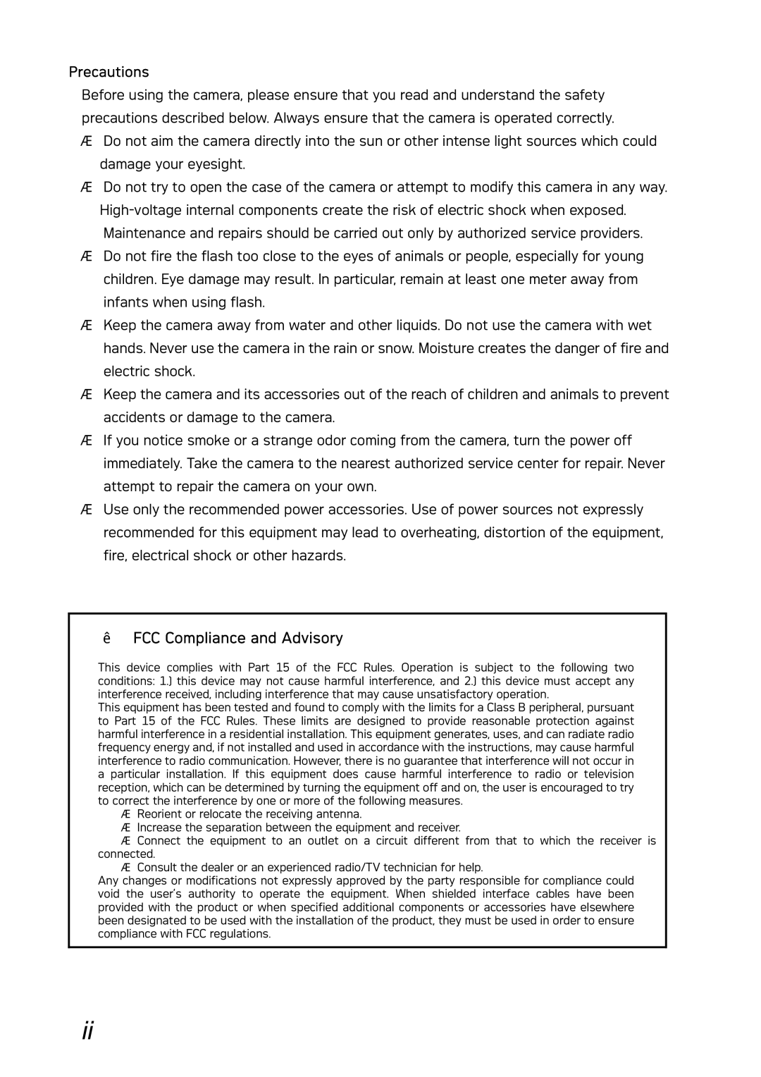 AGFA DC-730i manual Precautions, „ FCC Compliance and Advisory 