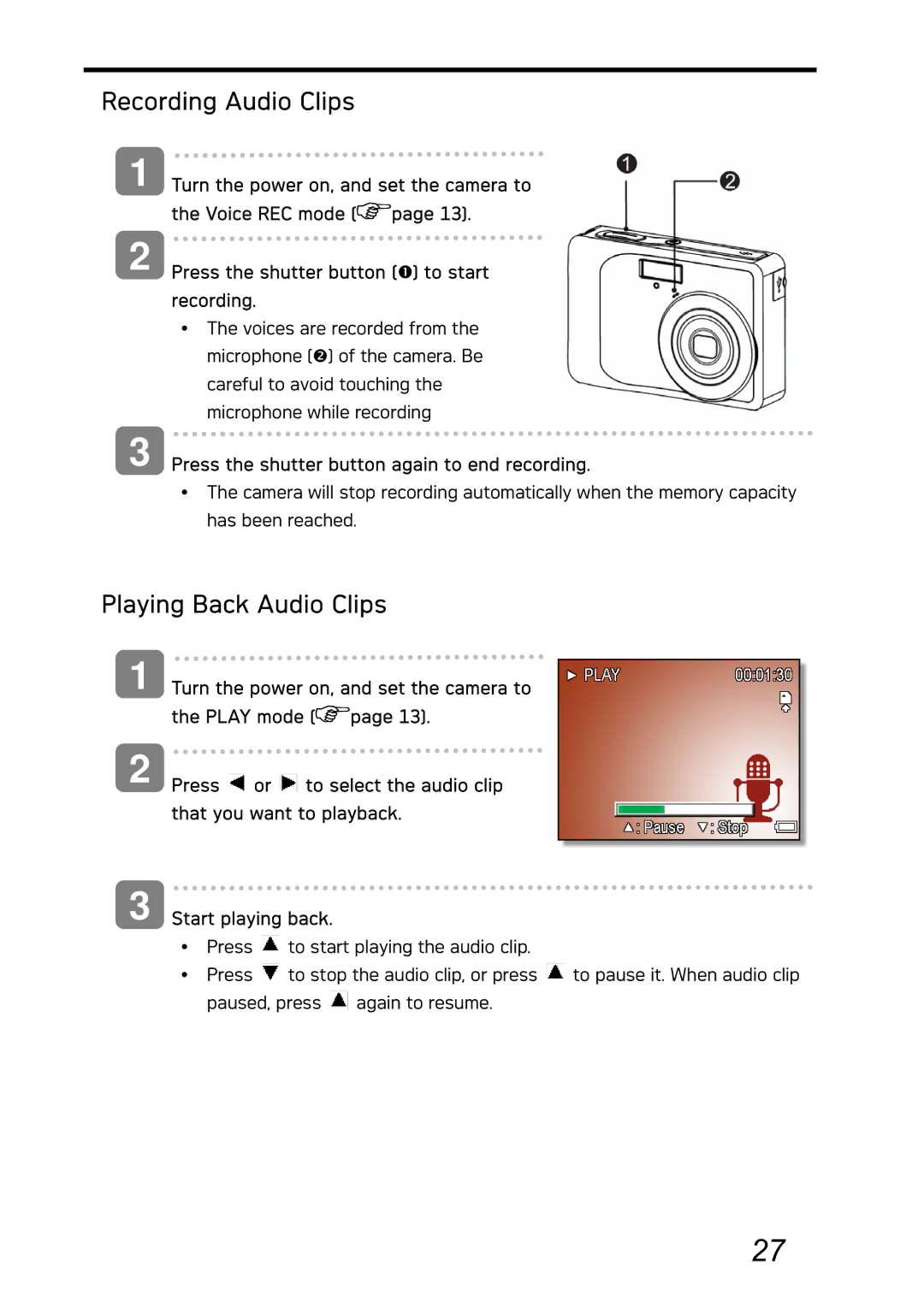 AGFA DC-730i manual Recording Audio Clips, Playing Back Audio Clips, Press the shutter button again to end recording 