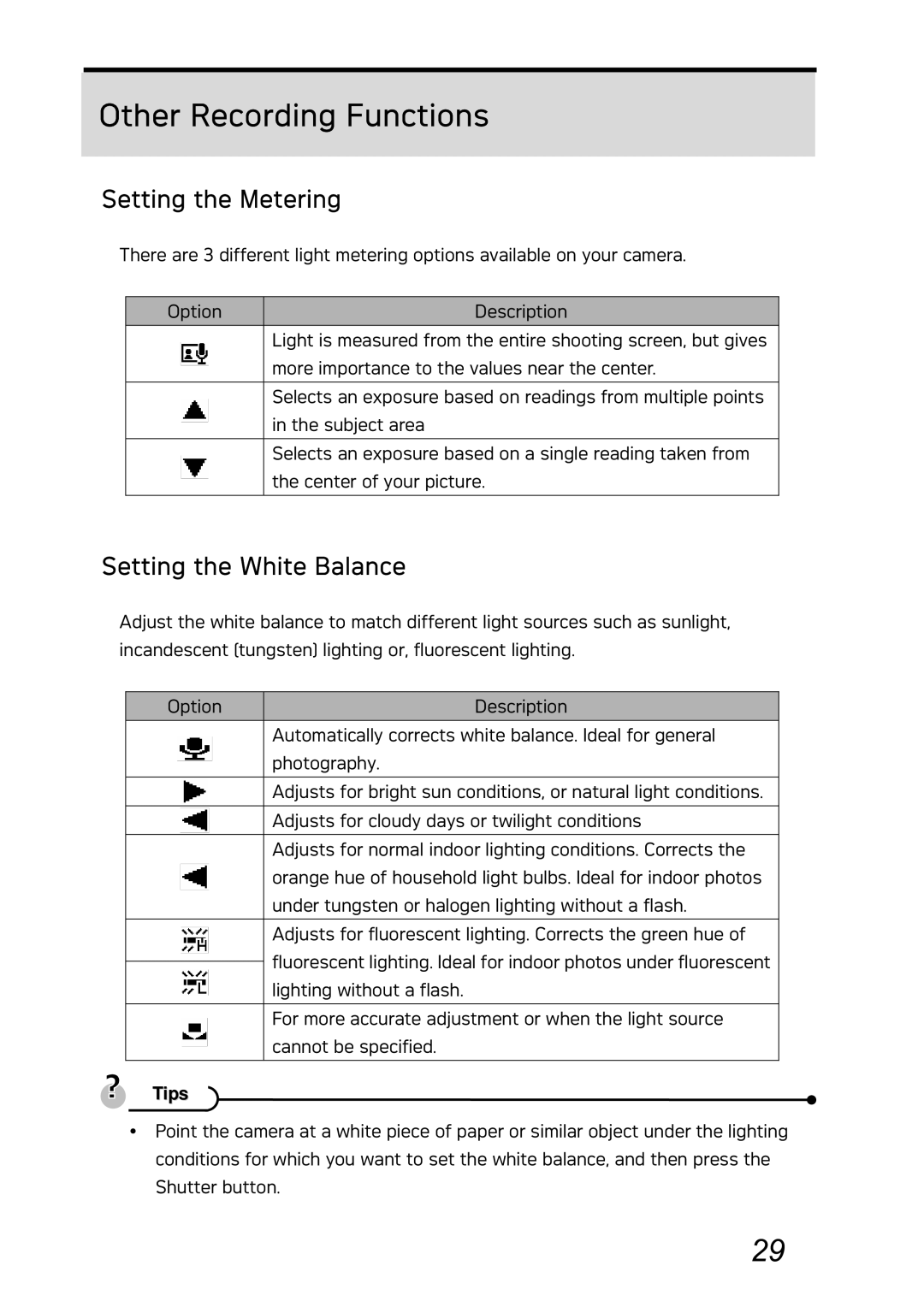 AGFA DC-730i manual Other Recording Functions, Setting the Metering, Setting the White Balance 