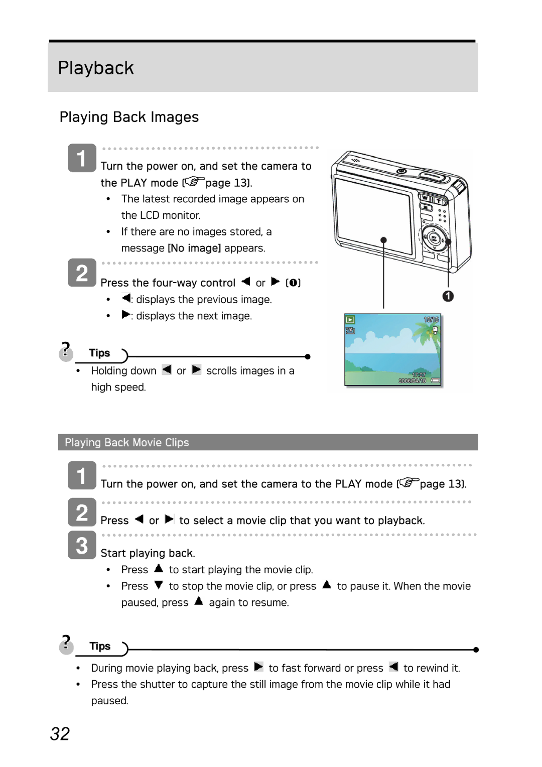 AGFA DC-730i manual Playback, Playing Back Images, Turn the power on, and set the camera to the Play mode 