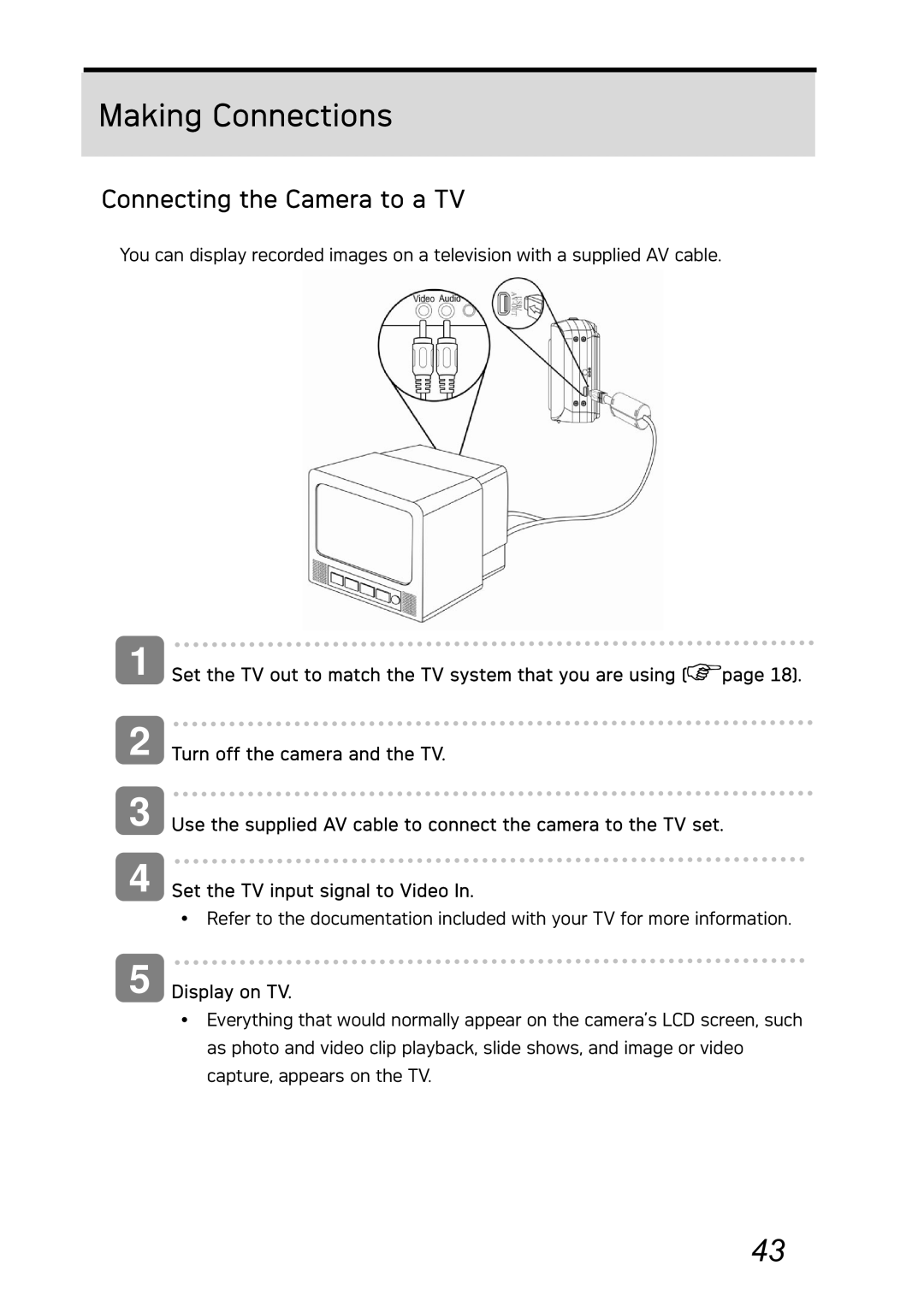 AGFA DC-730i manual Making Connections, Connecting the Camera to a TV, Turn off the camera and the TV, Display on TV 