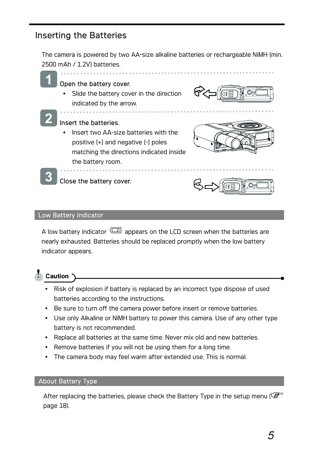 AGFA DC-733i manual Inserting the Batteries, Low Battery Indicator, About Battery Type 