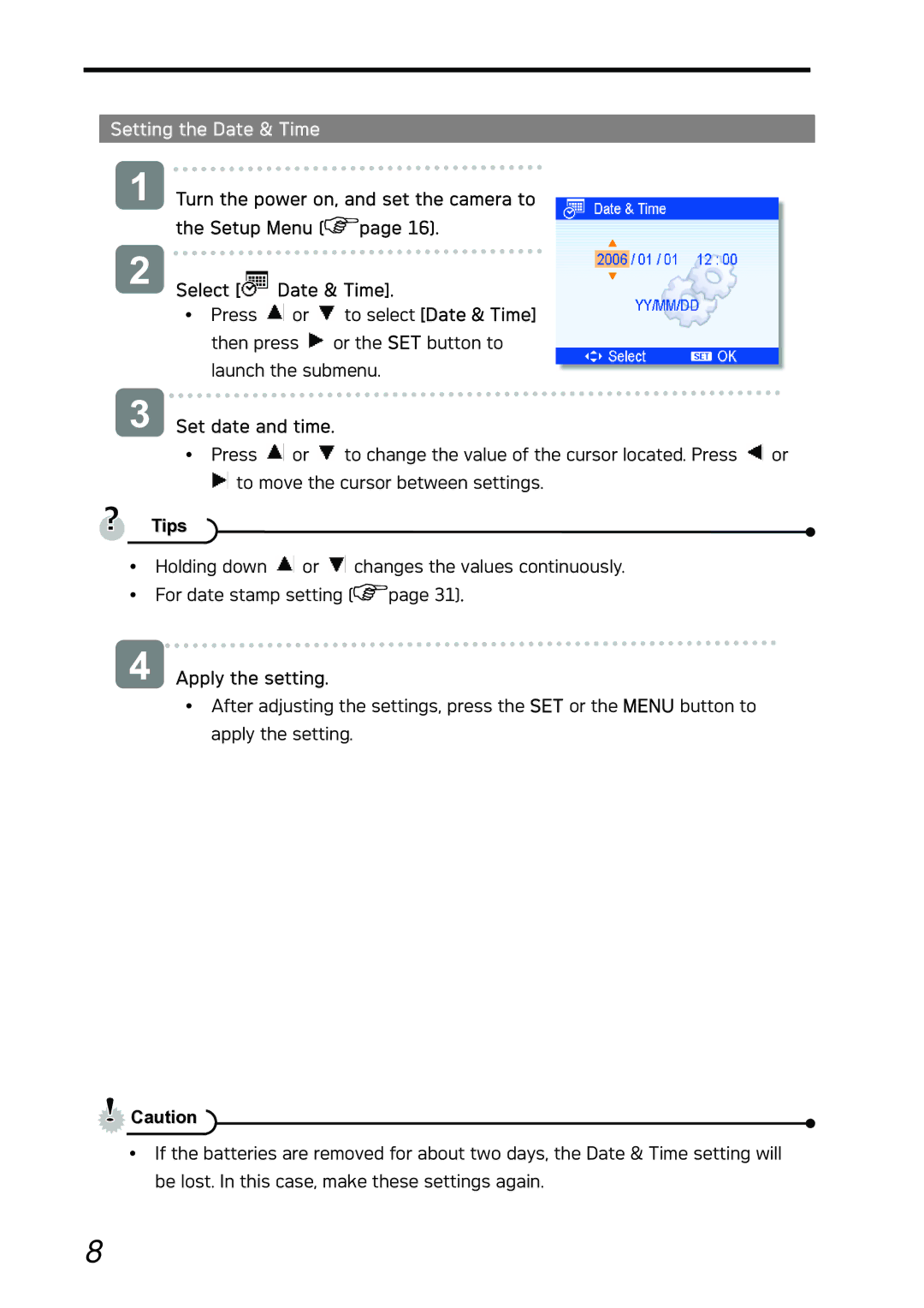 AGFA DC-733i manual Setting the Date & Time, Set date and time, Apply the setting 