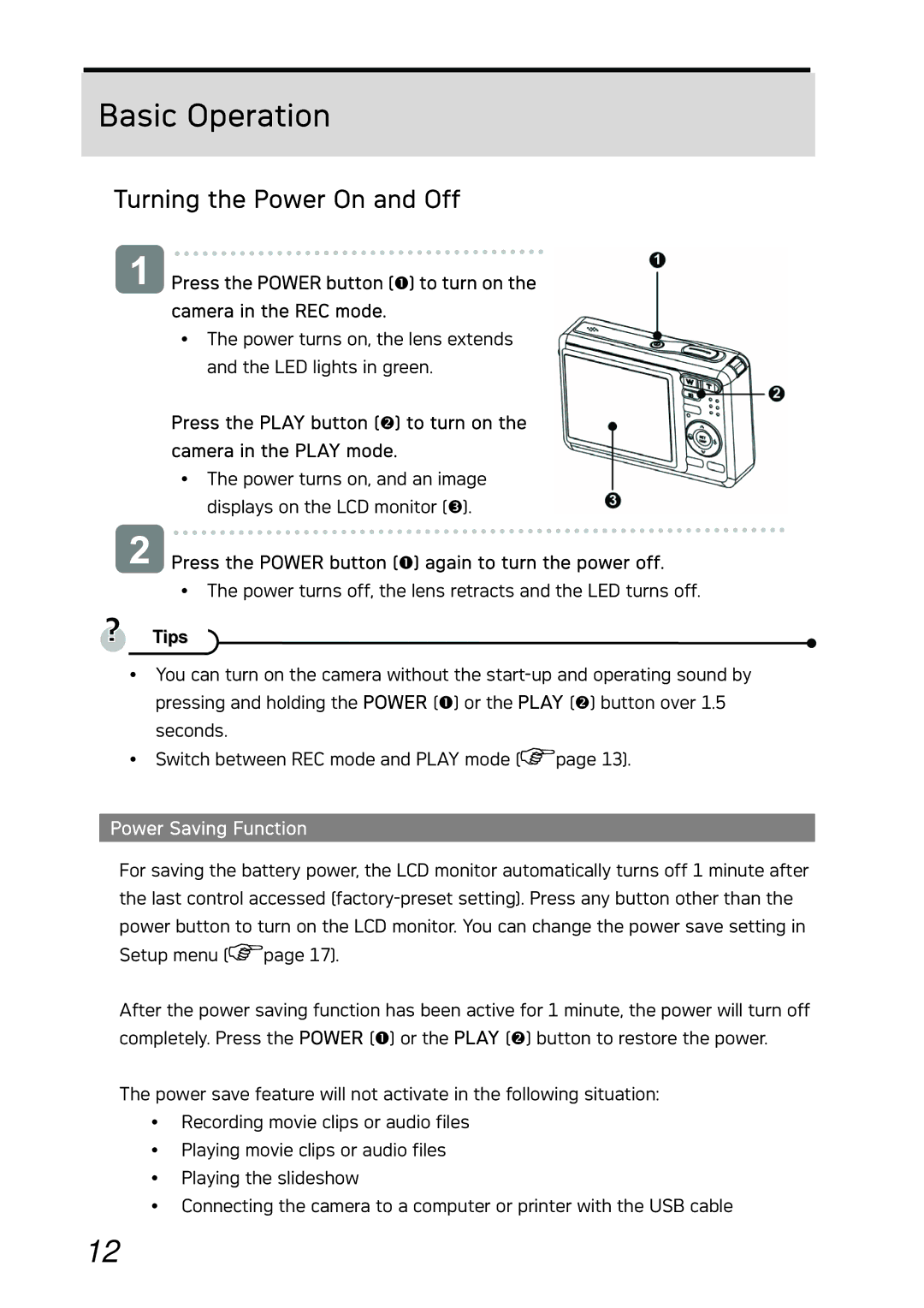 AGFA DC-733i manual Basic Operation, Turning the Power On and Off, Power Saving Function 