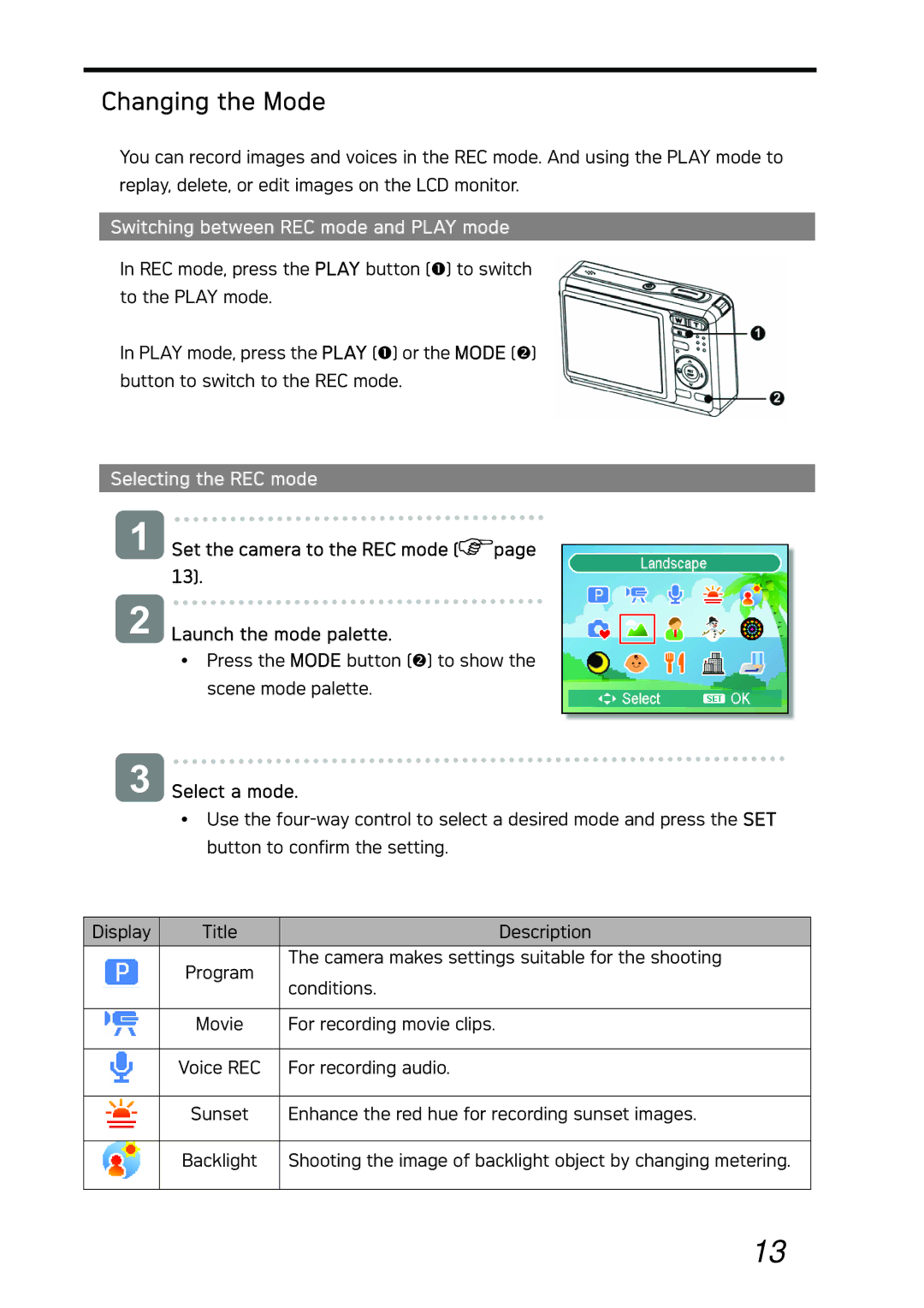 AGFA DC-733i manual Changing the Mode, Switching between REC mode and Play mode, Selecting the REC mode, Select a mode 