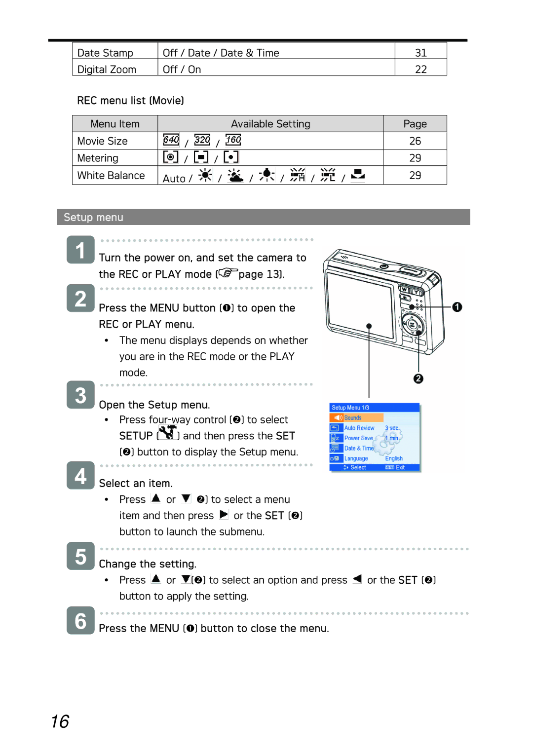 AGFA DC-733i manual REC menu list Movie, Open the Setup menu, Press the Menu n button to close the menu 