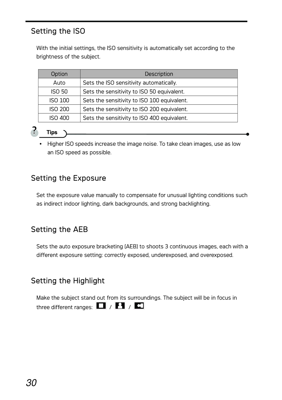 AGFA DC-733i manual Setting the ISO, Setting the Exposure, Setting the AEB, Setting the Highlight 