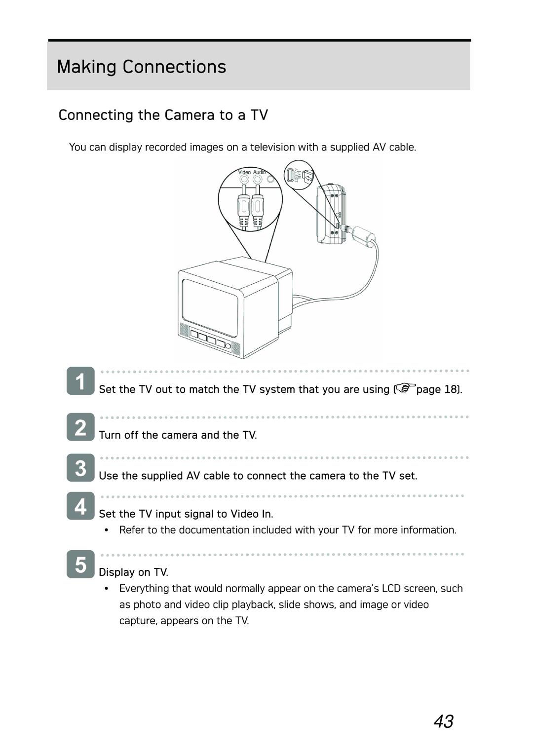 AGFA DC-733i manual Making Connections, Connecting the Camera to a TV, Turn off the camera and the TV, Display on TV 