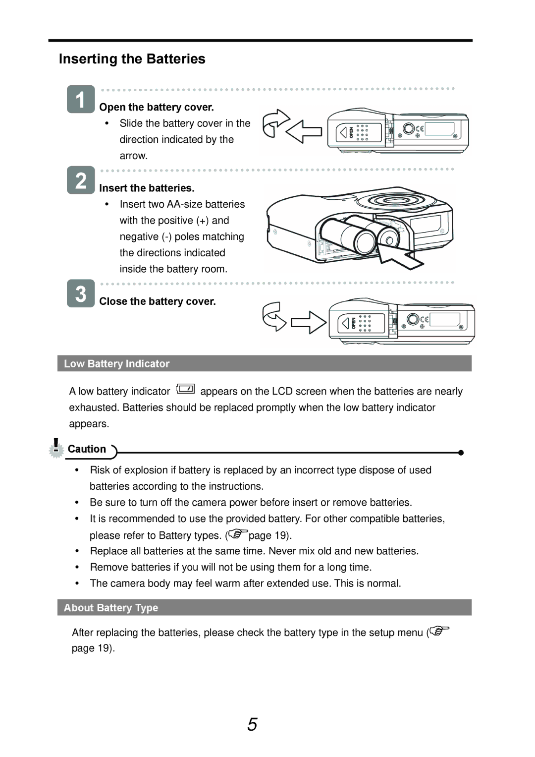 AGFA DC-733s user manual Inserting the Batteries, Low Battery Indicator, About Battery Type 