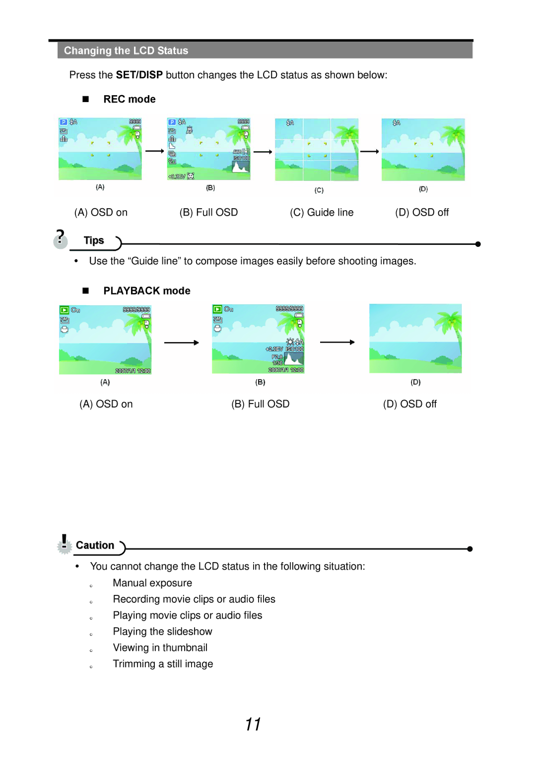 AGFA DC-733s user manual Changing the LCD Status, „ REC mode, „ Playback mode 