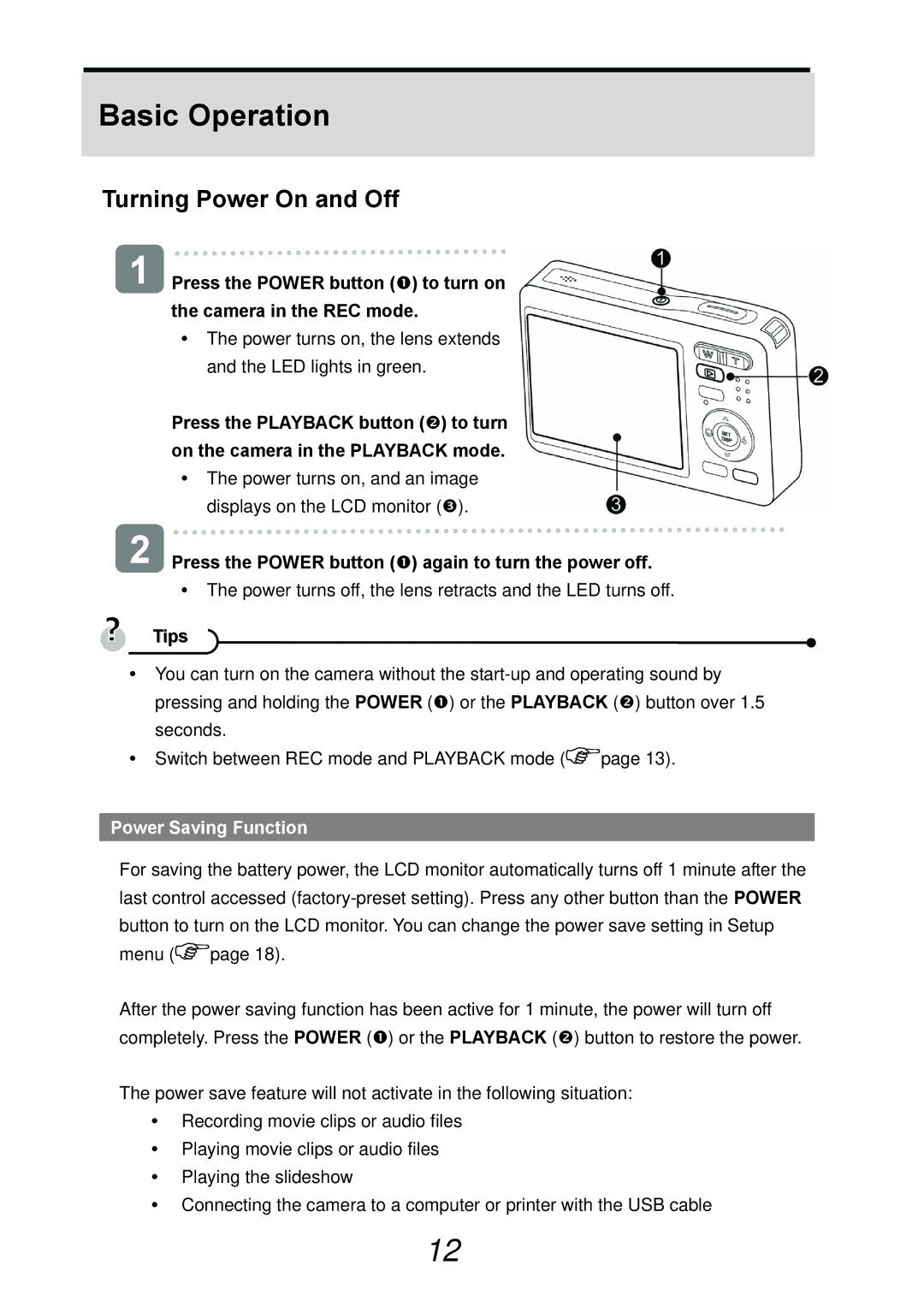 AGFA DC-733s Turning Power On and Off, Press the Power button n again to turn the power off, Power Saving Function 