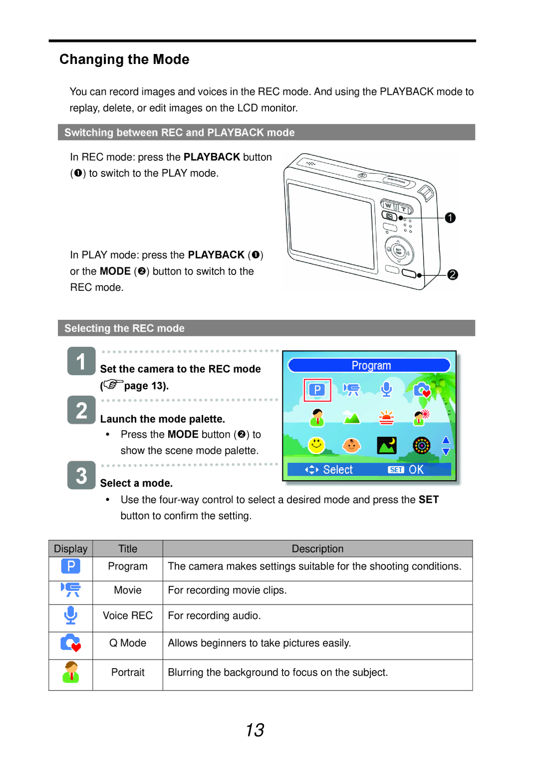 AGFA DC-733s user manual Changing the Mode, Switching between REC and Playback mode, Selecting the REC mode, Select a mode 