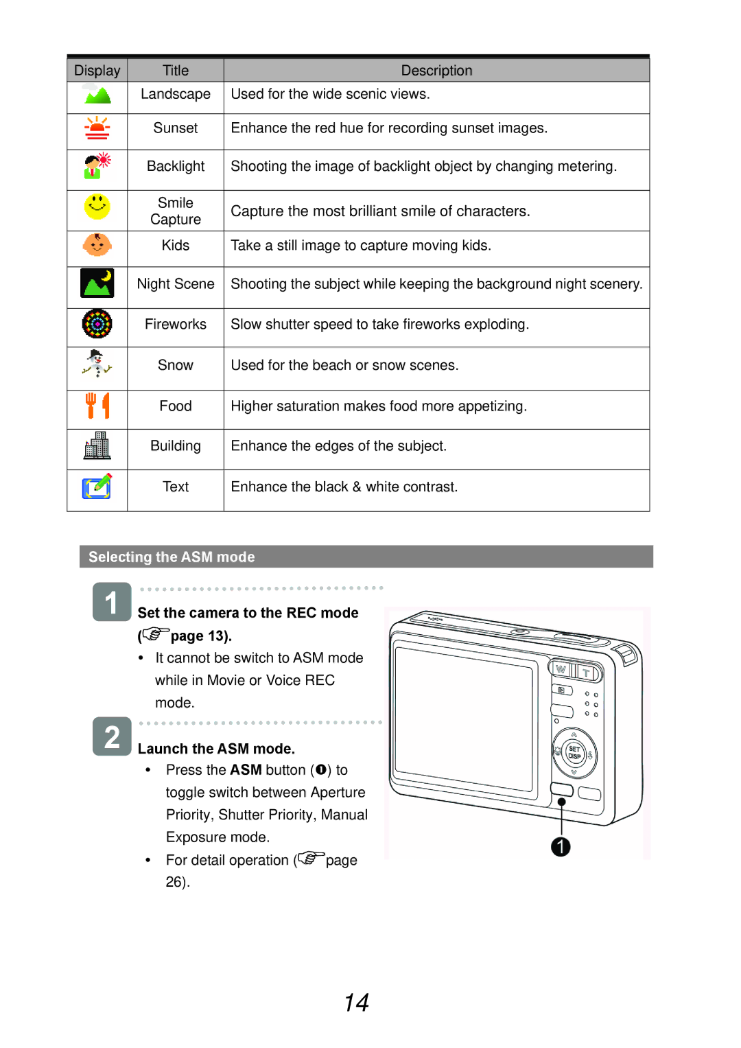 AGFA DC-733s user manual Selecting the ASM mode, Set the camera to the REC mode, Launch the ASM mode 