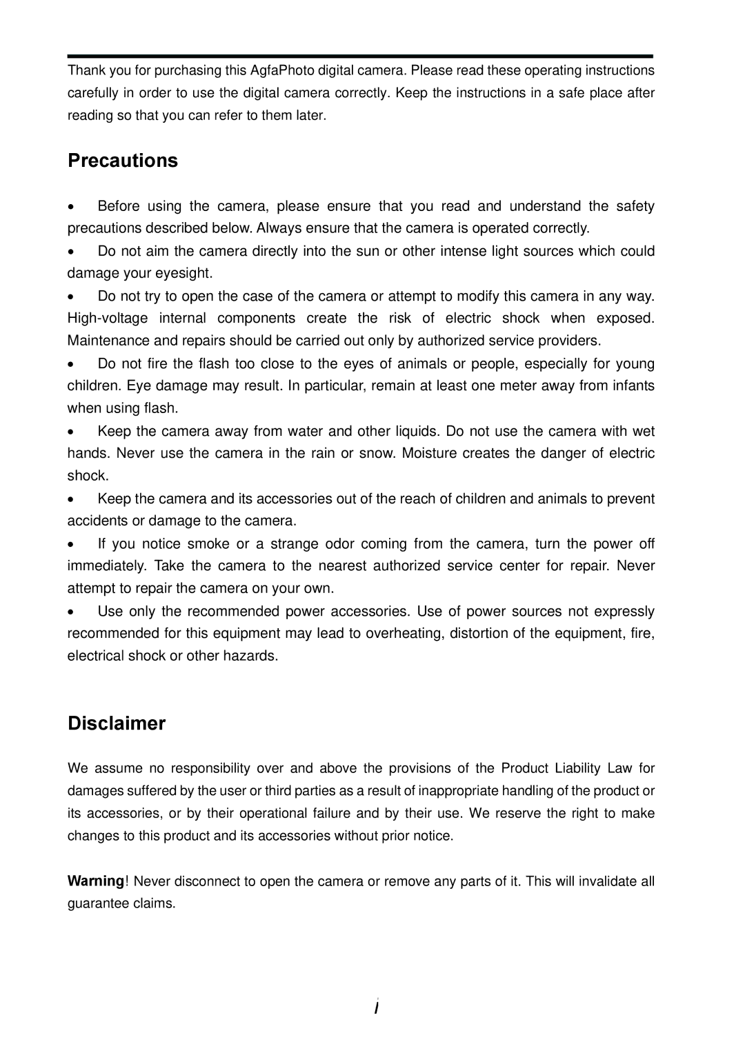 AGFA DC-733s user manual Precautions, Disclaimer 