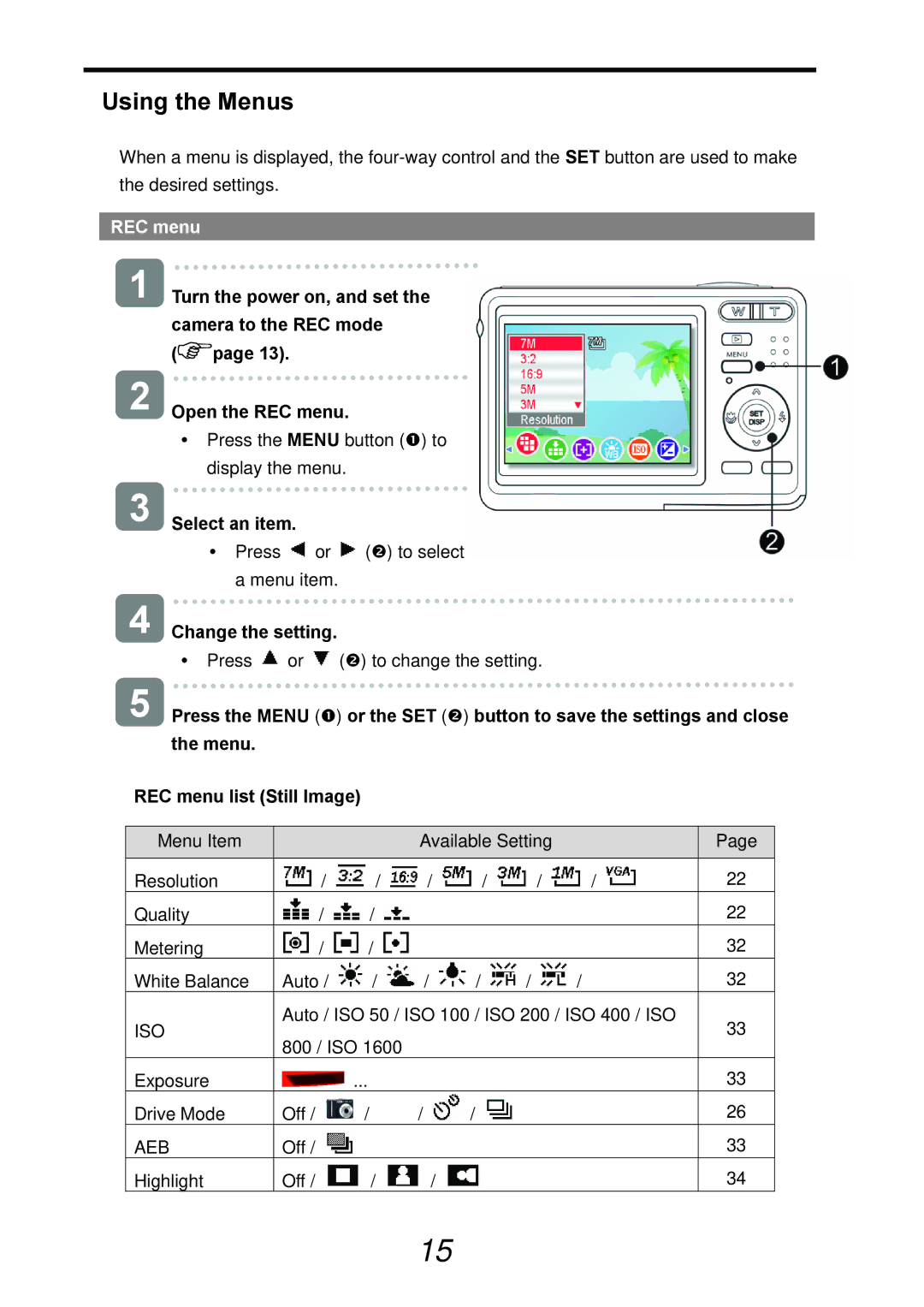 AGFA DC-733s user manual Using the Menus, REC menu, Select an item 