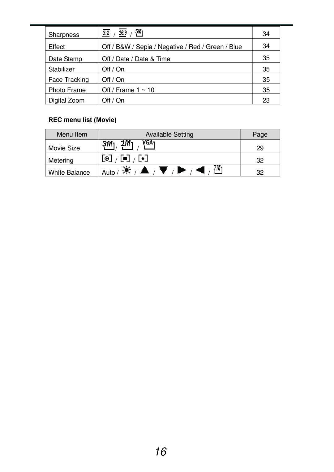 AGFA DC-733s user manual REC menu list Movie 