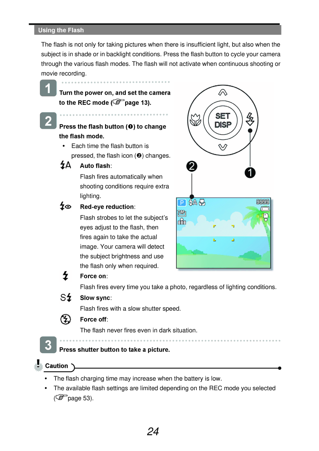 AGFA DC-733s user manual Using the Flash, Auto flash, Red-eye reduction, Press shutter button to take a picture 