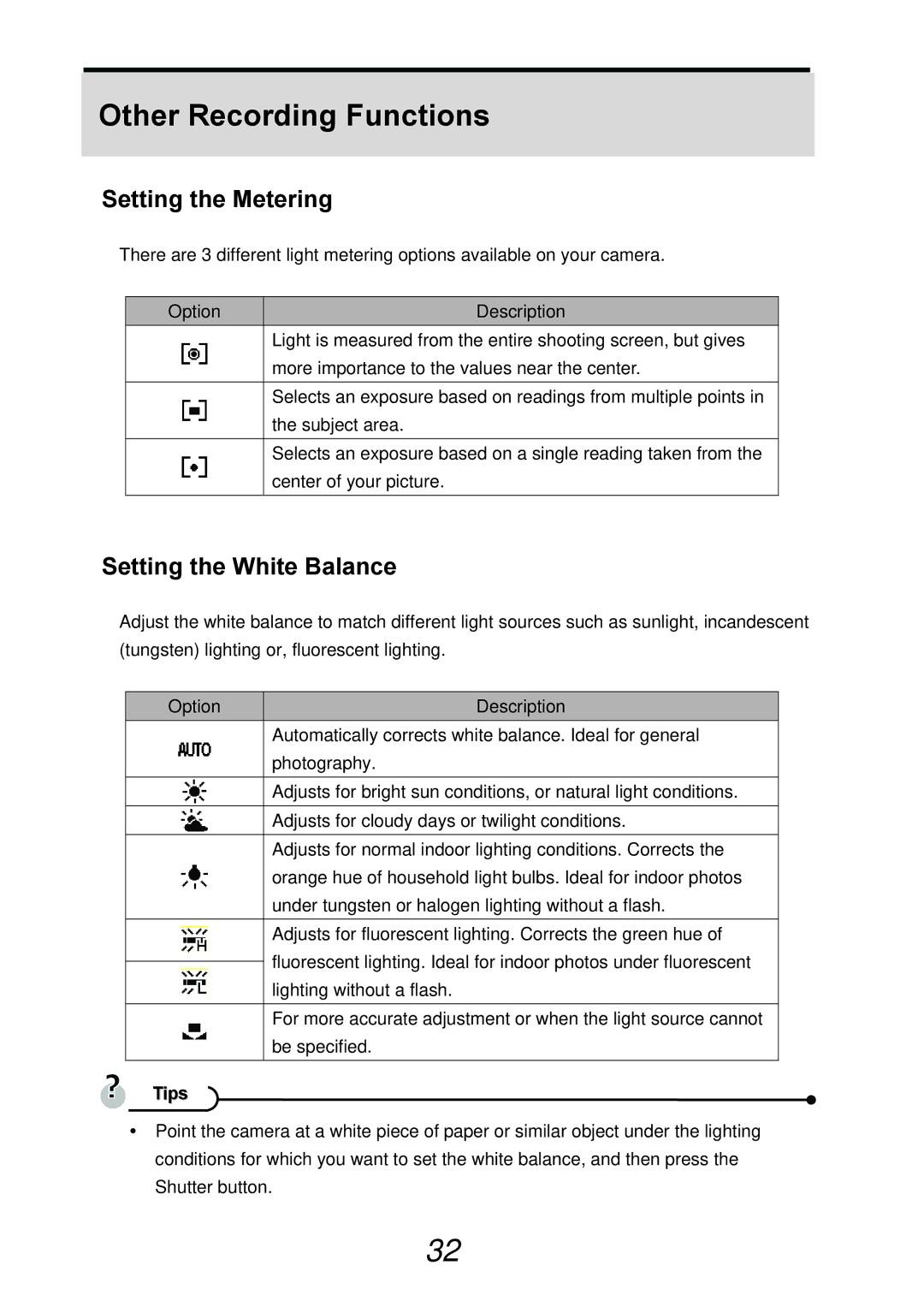 AGFA DC-733s user manual Setting the Metering, Setting the White Balance 