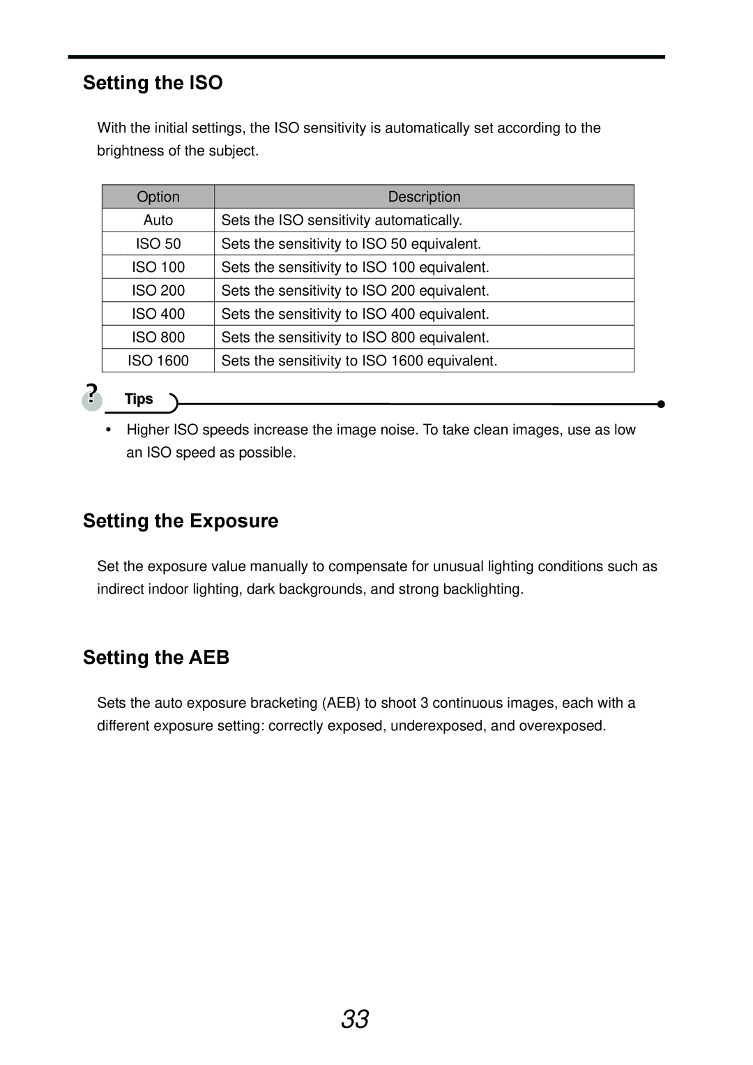 AGFA DC-733s user manual Setting the ISO, Setting the Exposure, Setting the AEB 