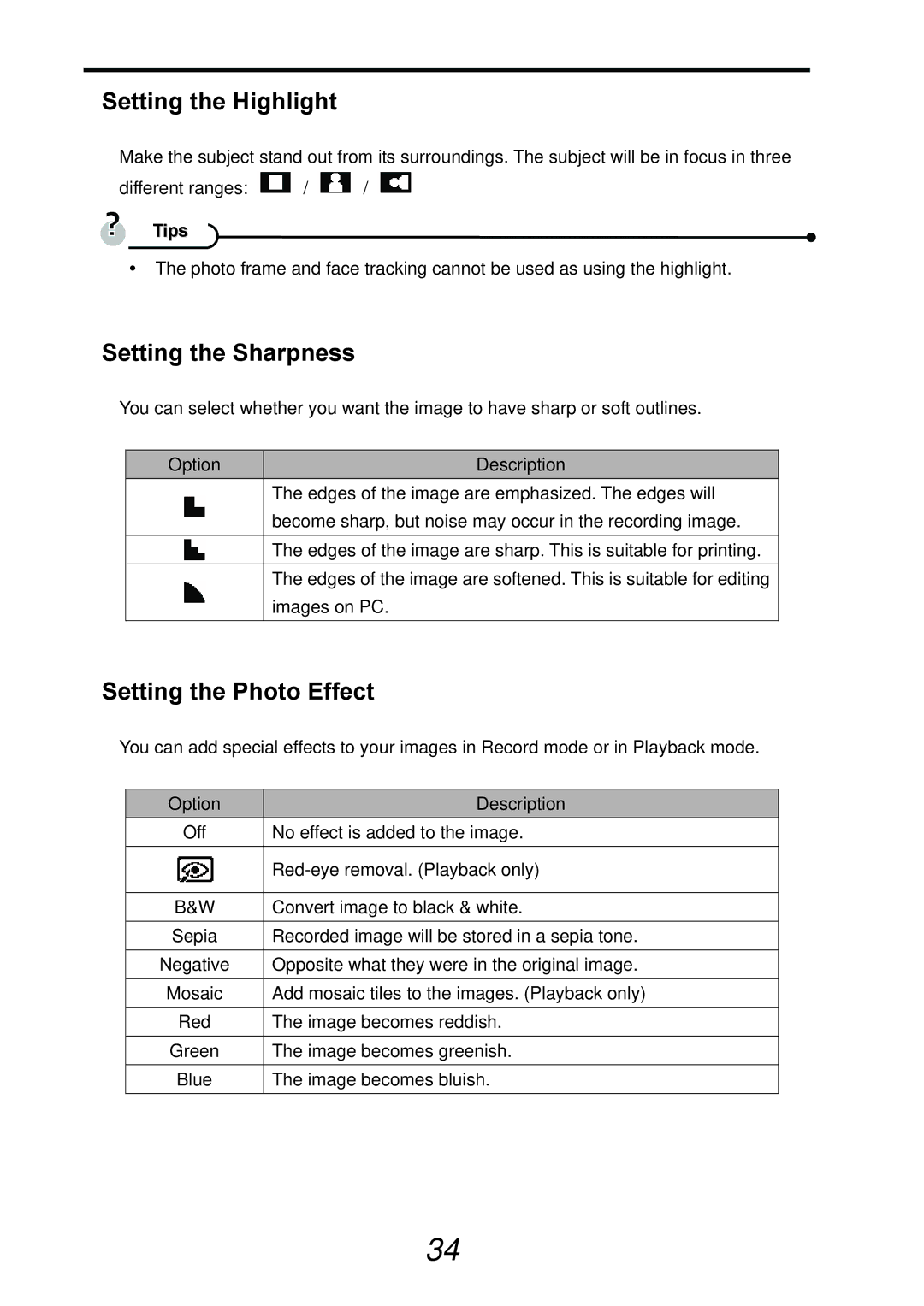 AGFA DC-733s user manual Setting the Highlight, Setting the Sharpness, Setting the Photo Effect 