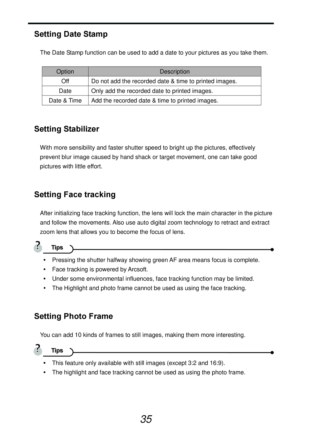 AGFA DC-733s user manual Setting Date Stamp, Setting Stabilizer, Setting Face tracking, Setting Photo Frame 