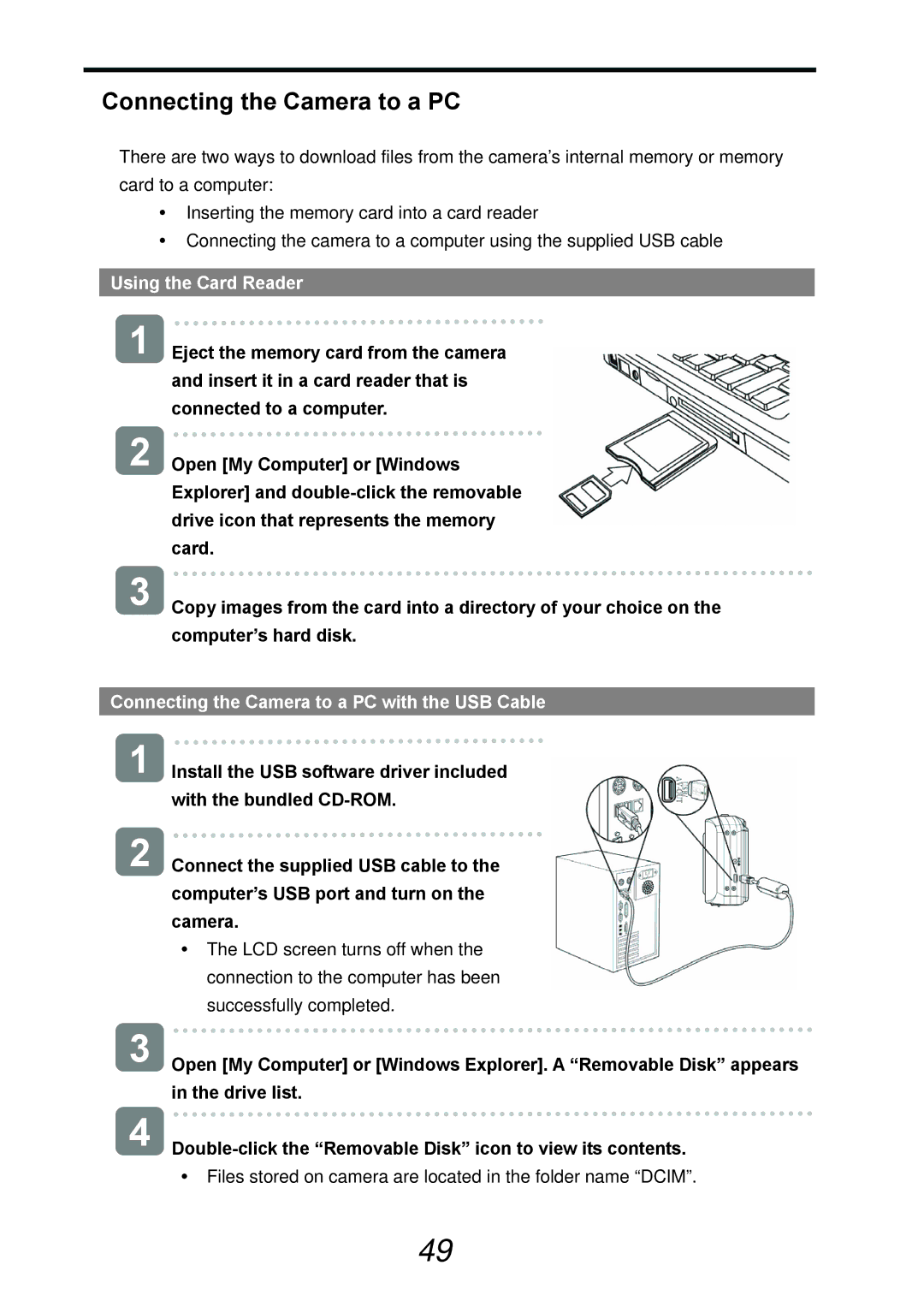 AGFA DC-733s user manual Using the Card Reader, Connecting the Camera to a PC with the USB Cable 