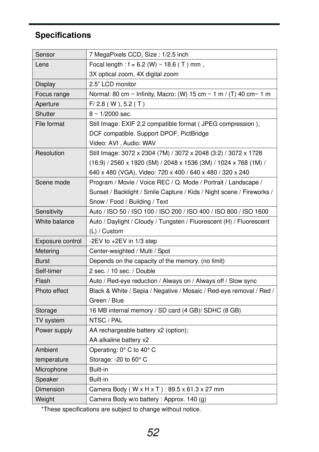 AGFA DC-733s user manual Specifications, Ntsc / PAL 