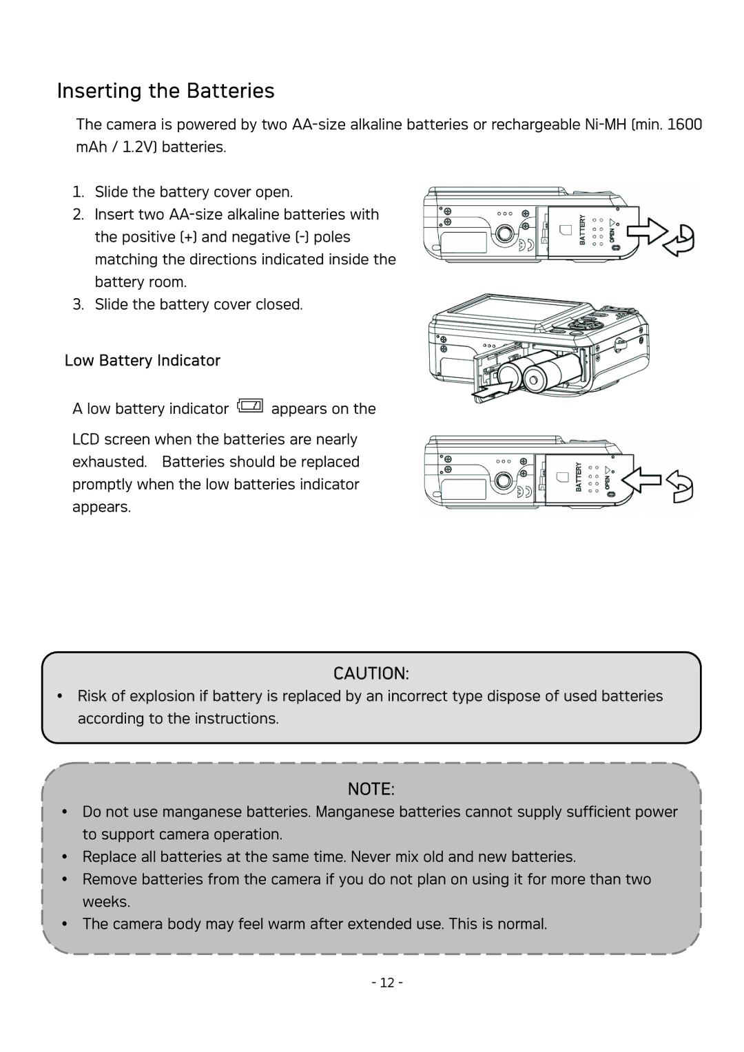 AGFA DC-830 user manual Inserting the Batteries, Low Battery Indicator 