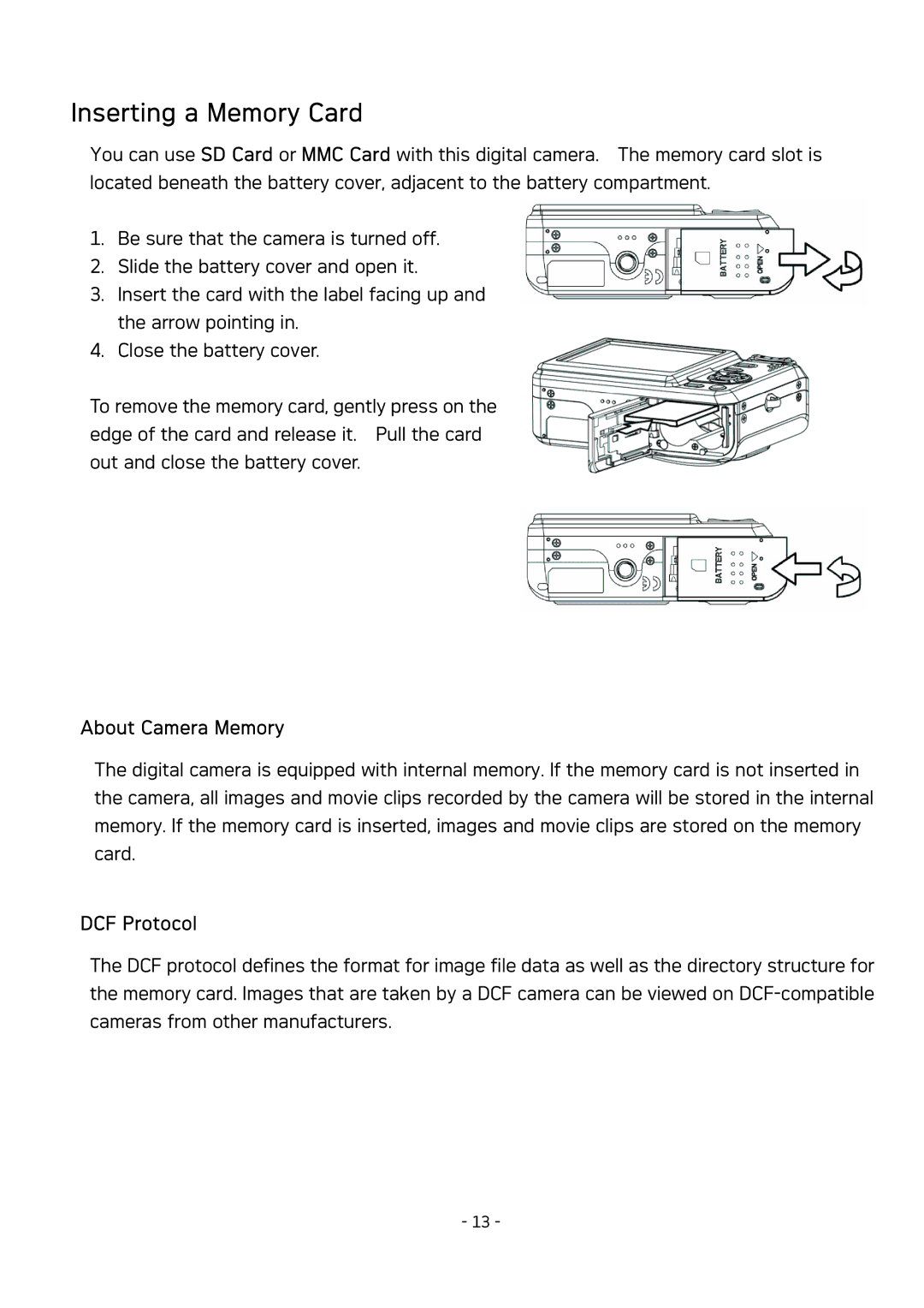 AGFA DC-830 user manual Inserting a Memory Card, About Camera Memory, DCF Protocol 