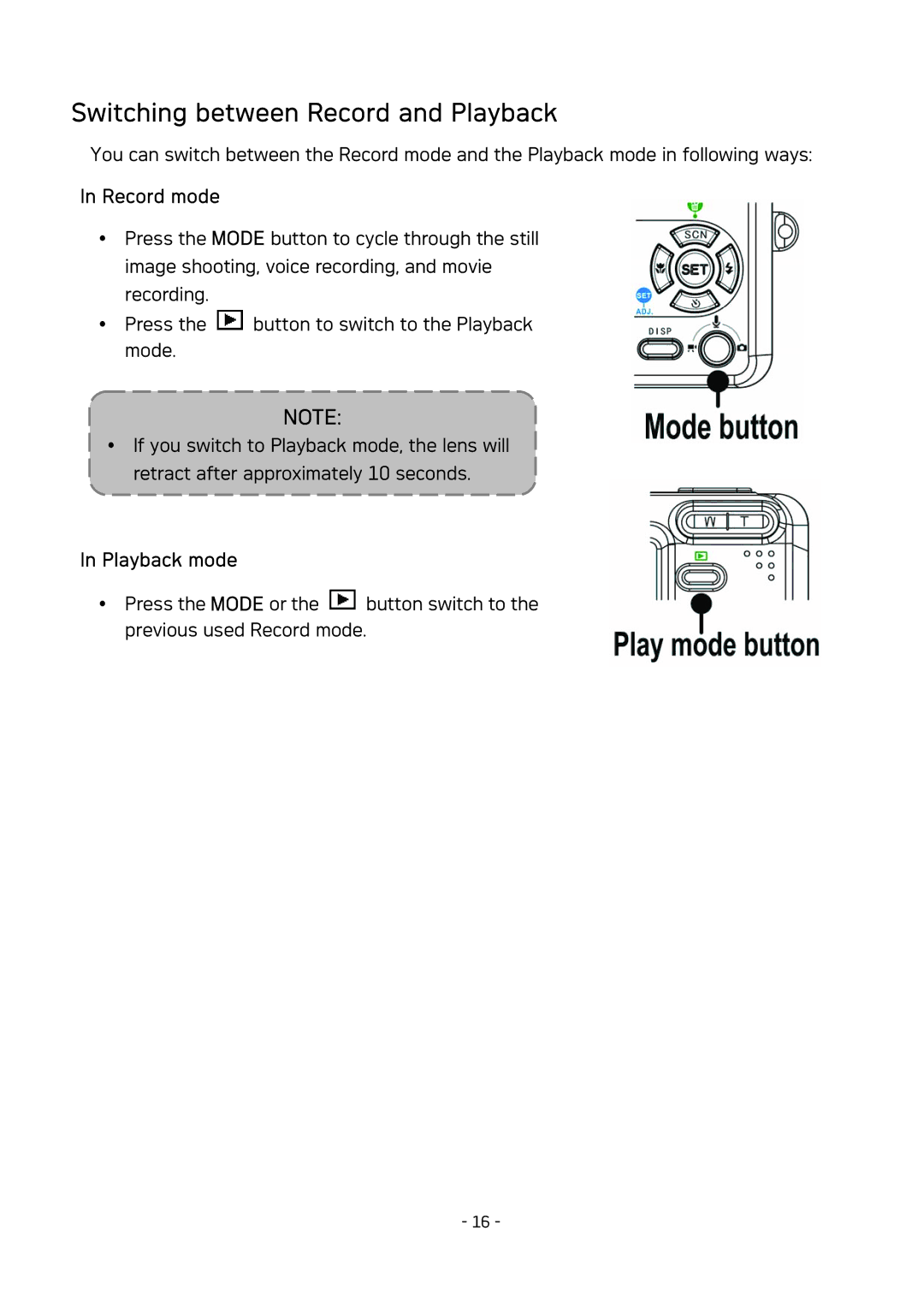 AGFA DC-830 user manual Switching between Record and Playback, Record mode, Playback mode 