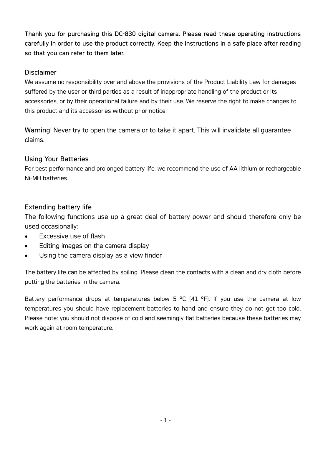 AGFA DC-830 user manual Disclaimer, Using Your Batteries, Extending battery life 