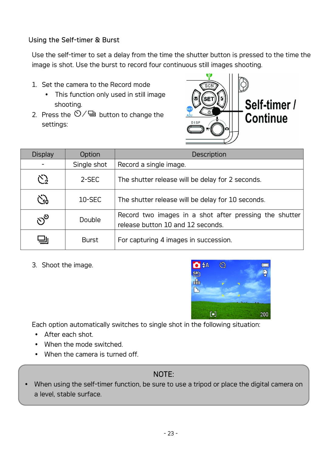 AGFA DC-830 user manual Using the Self-timer & Burst, Sec 